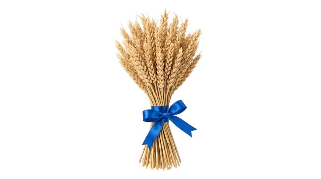 Bundle of golden ripe wheat ears tied with a vibrant blue ribbon isolated on white background