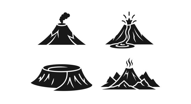Volcano Icons: Eruption, Lava Flow, Crater, Smoke