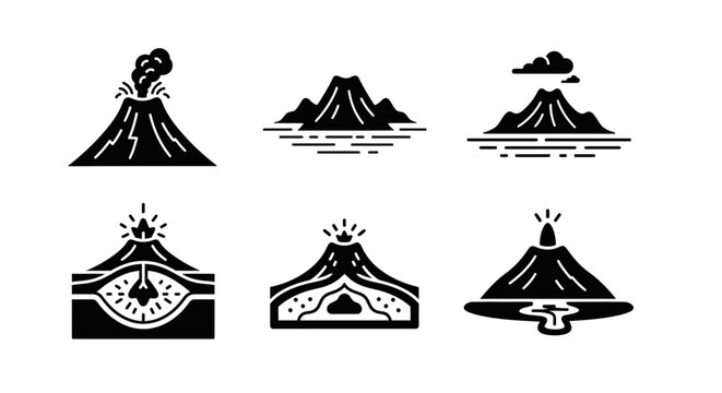 Volcano Icons Set: Erupting, Active, Dormant, Cross-section, Lava Flow