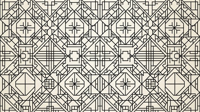 Traditional geometric korean pattern with black linear lattice design on beige paper background