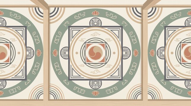 Traditional mandala inspired korean pattern with taegeuk symbols and circular motifs, yin yang