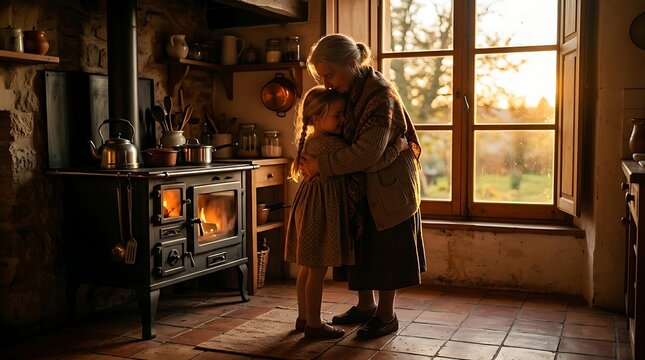 Elderly woman hugging granddaughter in a warm rustic kitchen