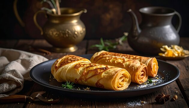 Golden crepes on plate