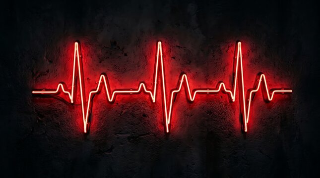 Red neon heartbeat line glowing on a dark textured wall