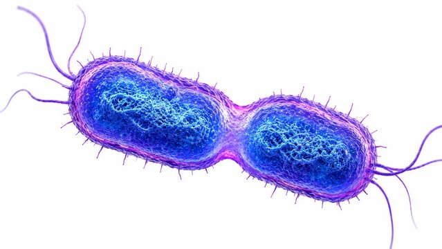 Microscopic view of bacteria dividing through binary fission process isolated on white background 3D render