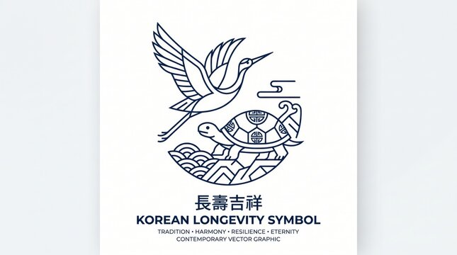 Korean pattern of longevity symbol with crane and turtle longevity traditional minimalist