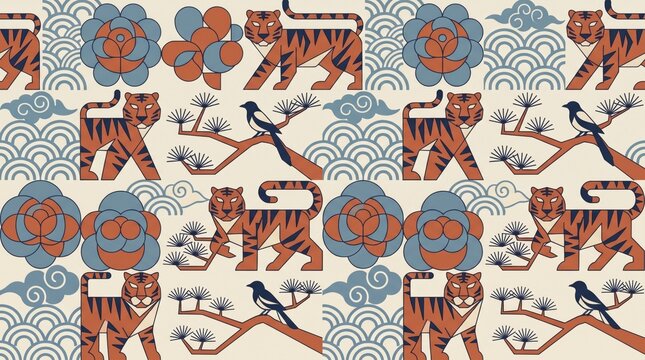 Korean pattern with traditional tigers and magpie on tree branches traditional folklore oriental