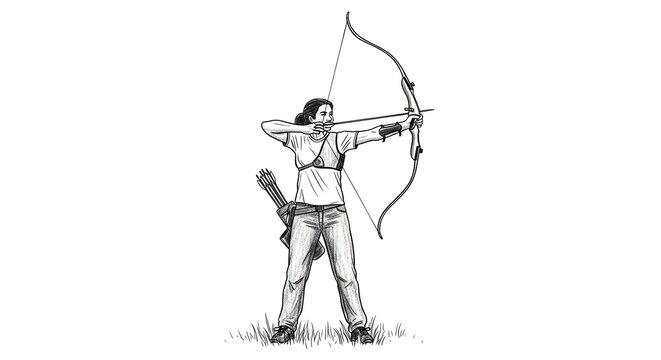 Focused archer drawing bow in traditional archery stance outdoors.
