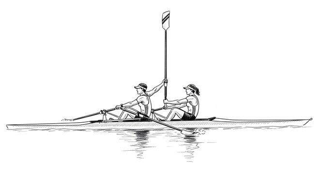 Pair rowing double scull boat on calm water illustration.