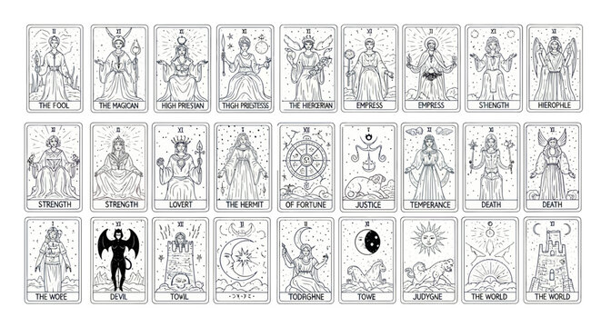 Tarot cards with various symbolic figures.