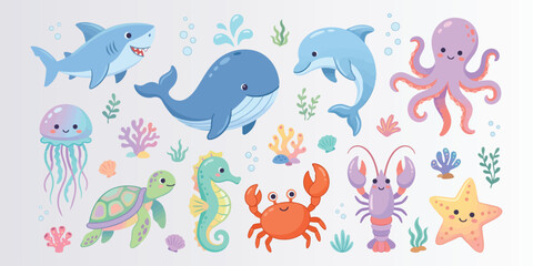 Adorable Sea Animal Vector Set for Kids Education © Arif