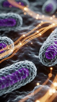 Prebiotics feeding good bacteria microbiome probiotic gut health intestine flora digestion nutrition wellness microscopic gut microbe colony glowing fiber abstract background