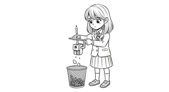 Young girl recycling small battery in trash can.