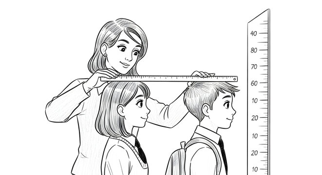Teacher measuring heights of two young students together.