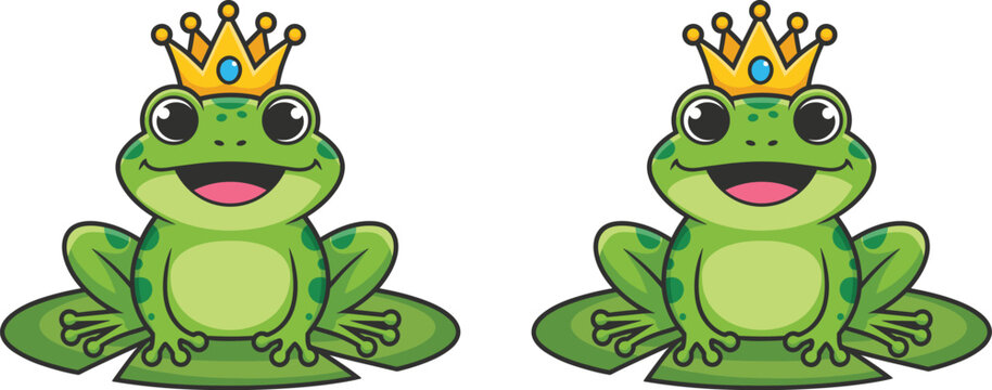 Cartoon frog princes with crowns sitting on lily pads, playful fairy tale design representing whimsical characters and magical storytelling themes