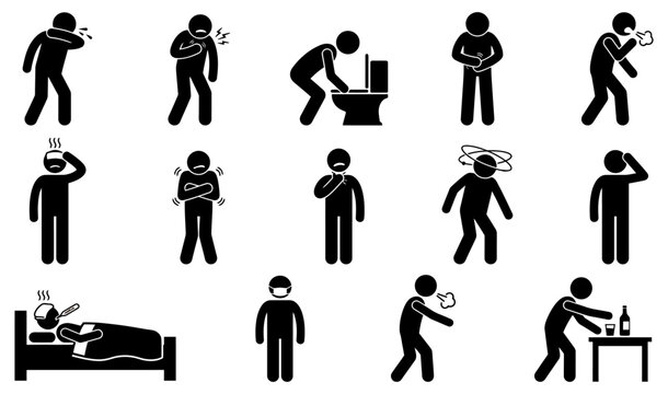 A collection of stick figure icons representing various symptoms of sickness illness disease and health conditions including coughing fever vomiting dizziness and medical treatment