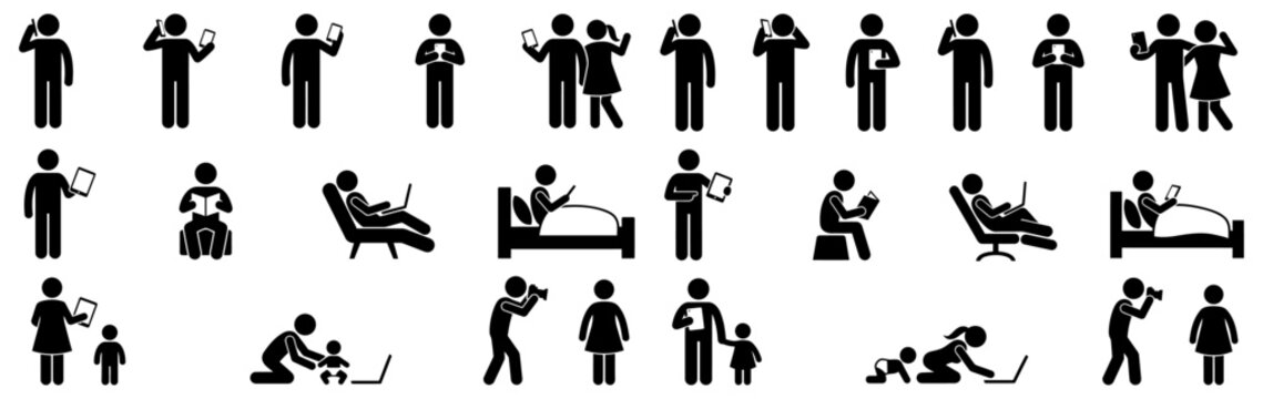 A collection of black stick figure icons representing various people using mobile phones tablets and laptops in different daily life situations such as standing sitting working and resting