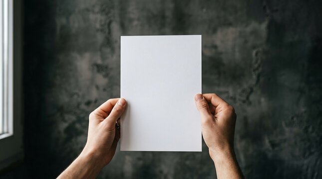 A person's hands holding a blank white vertical paper sheet mockup against a dark textured concrete wall.