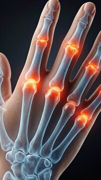 Joint pain inflammation hand finger arthritis xray medical scan showing glowing bone structure and red joint inflammation focus for arthritis diagnosis and radiology medical care