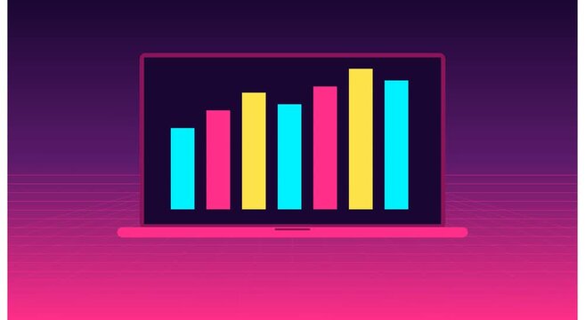 Retro synthwave laptop with animated financial bar animation