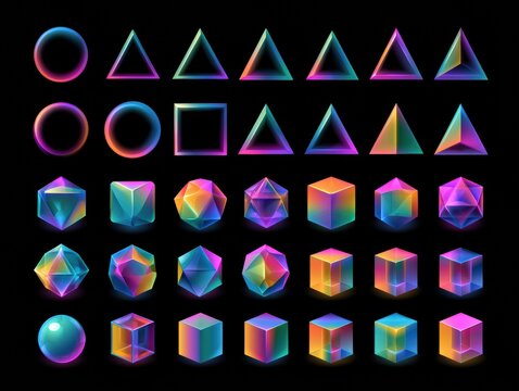 A colorful collection of geometric shapes is displayed in rows. Shapes include circles, triangles, quadrilaterals, polygons, and 3D solids.