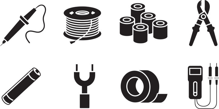 Collection, of black electronic components and tools on gray background featuring soldering iron, wire spool, heat shrink tubes, wire cutters, connectors, and tape in clean vector illustration style 