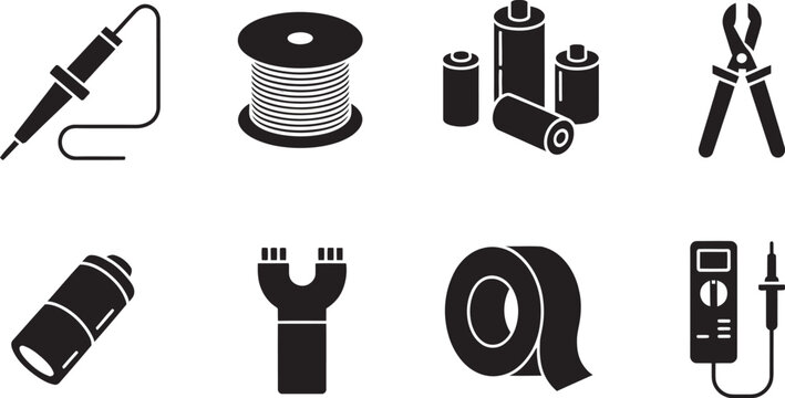 Collection, of electronic repair tools and components including soldering equipment, wiring accessories, cutters, connectors, and insulating materials in modern flat vector style 