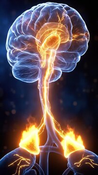 Cortisol Stress Hormone Brain Anatomy Endocrine System Adrenal Gland Neural Pathway Glowing Energy Medical Concept Health Science Illustration Human Brain Neuroscience Abstract Connection Blue Orange
