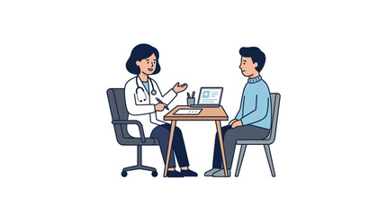 Fototapeta premium Doctor consulting patient in office with laptop and medical records