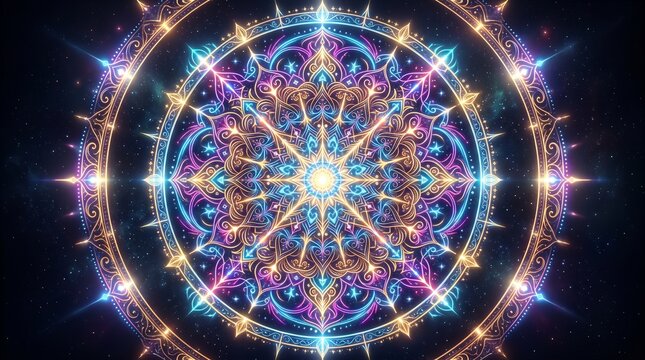 Glowing celestial mandala with intricate golden and neon blue patterns
