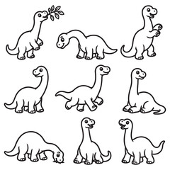 Cute Long Neck Dinosaur Cartoon Character Collection with Different Poses Line Art Set © Ikmalia