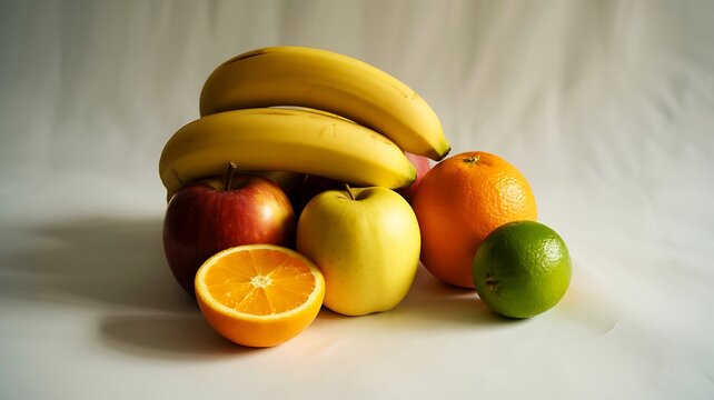 Fresh fruit assortment with bananas apples oranges and lime on white surface for healthy eating and nutrition  still life photography