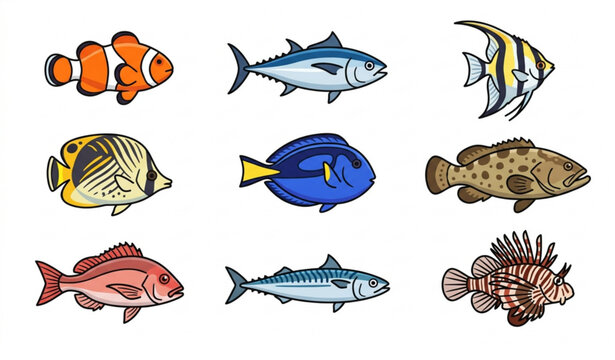 Saltwater fish icon set simple marine fish vector illustrations for web and advertising design