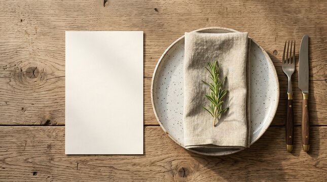 Elegant rustic dinner table setting featuring a blank white menu card, ceramic plate, linen napkin, and fresh rosemary sprig on a wooden surface.