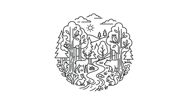 Circular forest emblem with deer bear owl and river.
