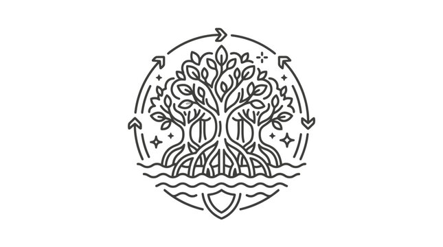 Intricate tree of life icon with roots and arrows.