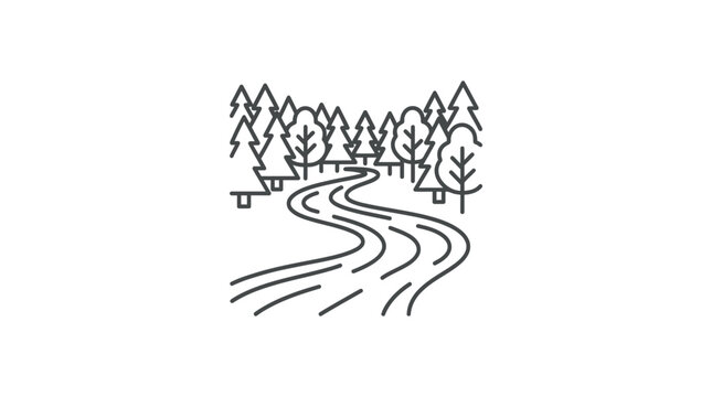 Winding river flowing through a pine forest line art.