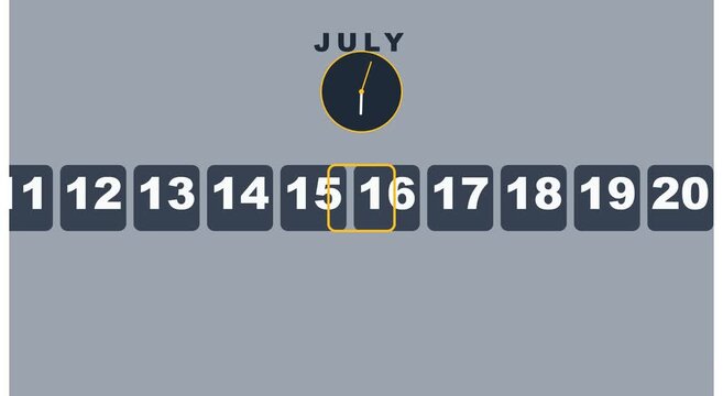 Animated july calendar date scroller with clock motion animation