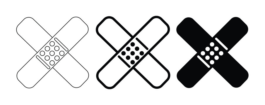 Medical adhesive bandage icon set, crossed plaster strip vector, first aid patch symbols
