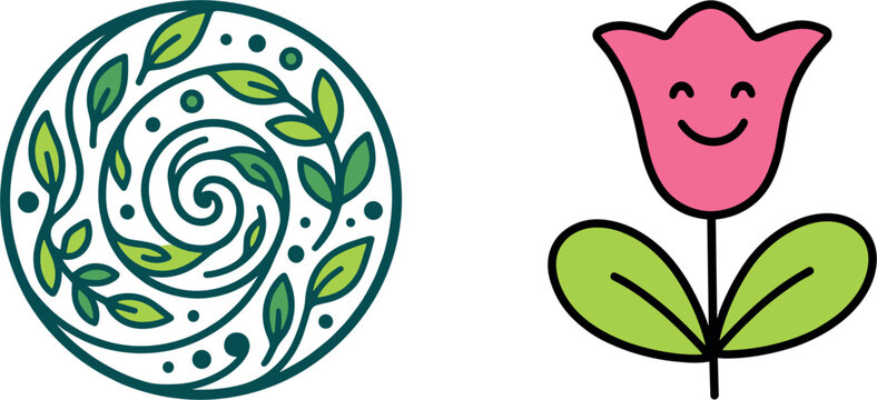 Botanical Green Leaf Circular Emblem and Cute Smiling Pink Tulip Flower Logo Elements for Creative Graphic Designs