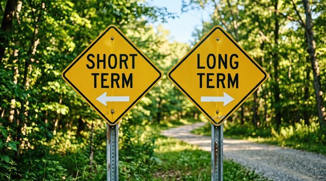Decision Point: Two yellow diamond-shaped road signs in a lush green forest direct travelers in opposite directions, one indicating SHORT TERM with a left arrow.
