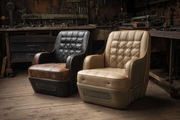 Naklejka premium Two leather chairs displayed in a workshop setting, showcasing craftsmanship