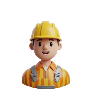3D cartoon construction worker with yellow hard hat and striped overalls