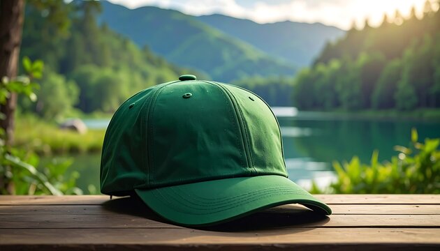 Green cap resting on a wooden surface, scenic lake and mountains in the background, illuminated by golden sunlight