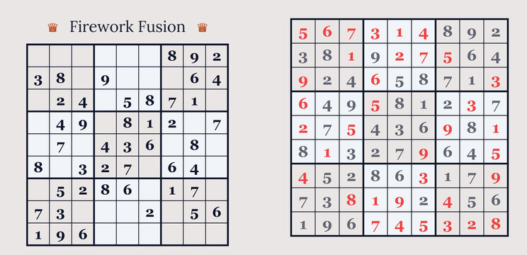 Two Sudoku grids with red highlights showcasing solutions and puzzles