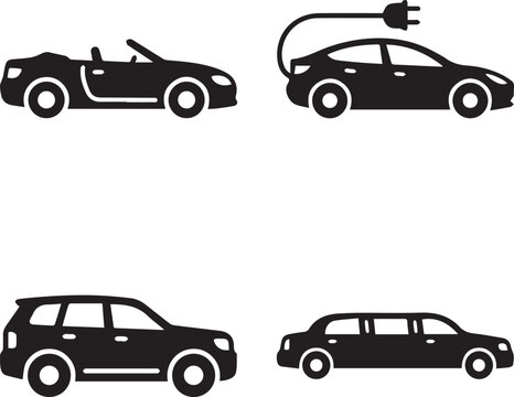 Electric, hybrid, and gas car silhouettes, vehicle icons, automotive symbols, eco-friendly transport