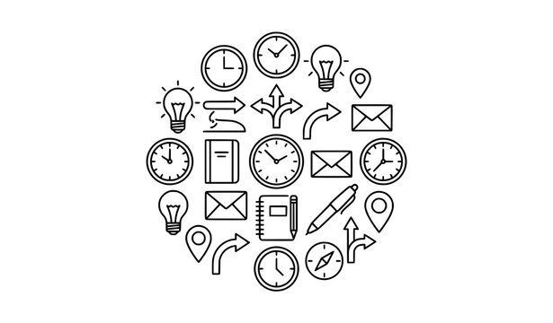 Modern outline icons with editable clock and communication vector design