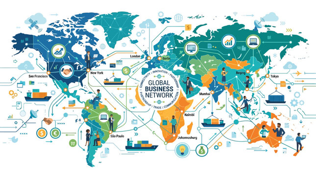 Global Business Network Map with Icons and Connections
