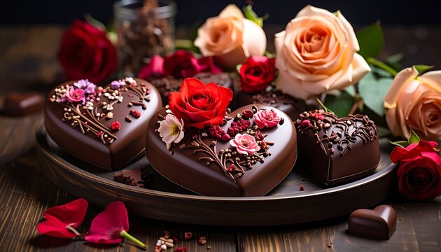 Chocolate heart shaped desserts with roses.