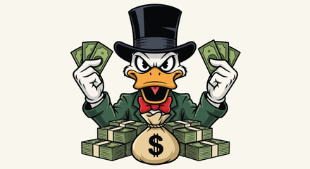 Wealthy Duck Character with Money and Top Hat 1. © ErianJendra